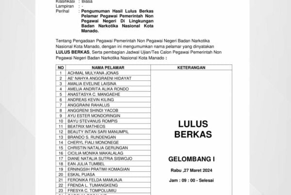 Pengumuman LULUS BERKAS Penerimaan PPNPN Tahun 2024, serta pembagian jadwal Ujian/Tes Pelamar PPNPN di Lingkungan BNN Kota Manado.