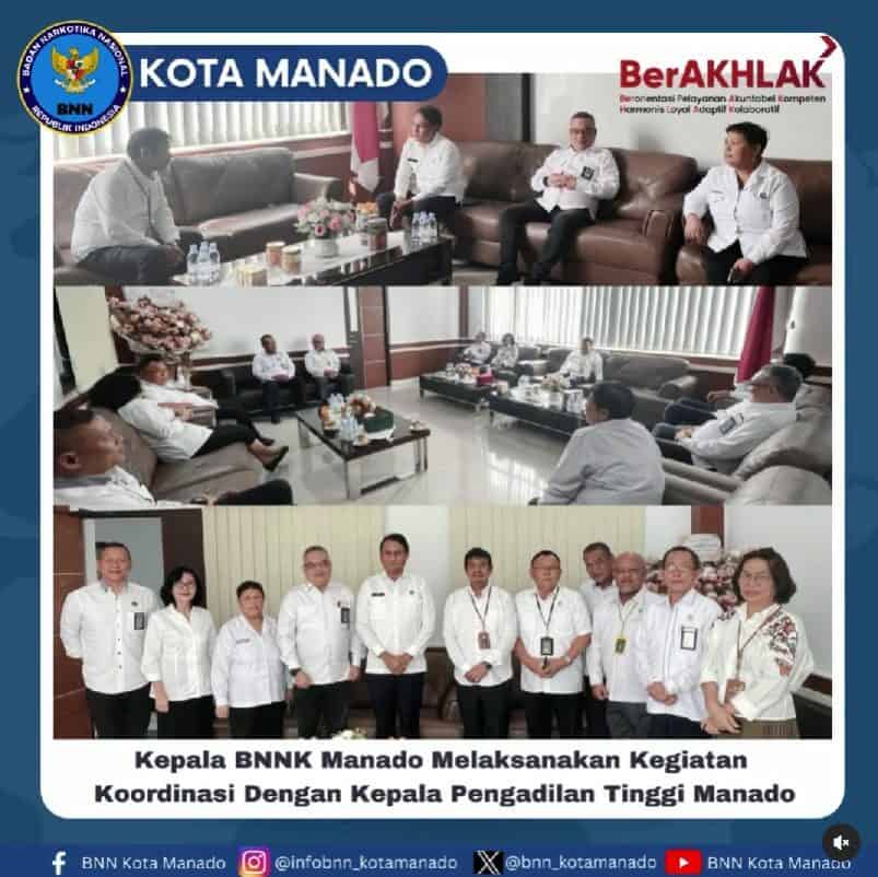 Kepala BNNK Manado Heru Yulianto, S.H., M.H. melaksanakan kegiatan koordinasi dengan kepala Pengadilan Tinggi Manado bapak Asli Ginting, S.H., M.H.